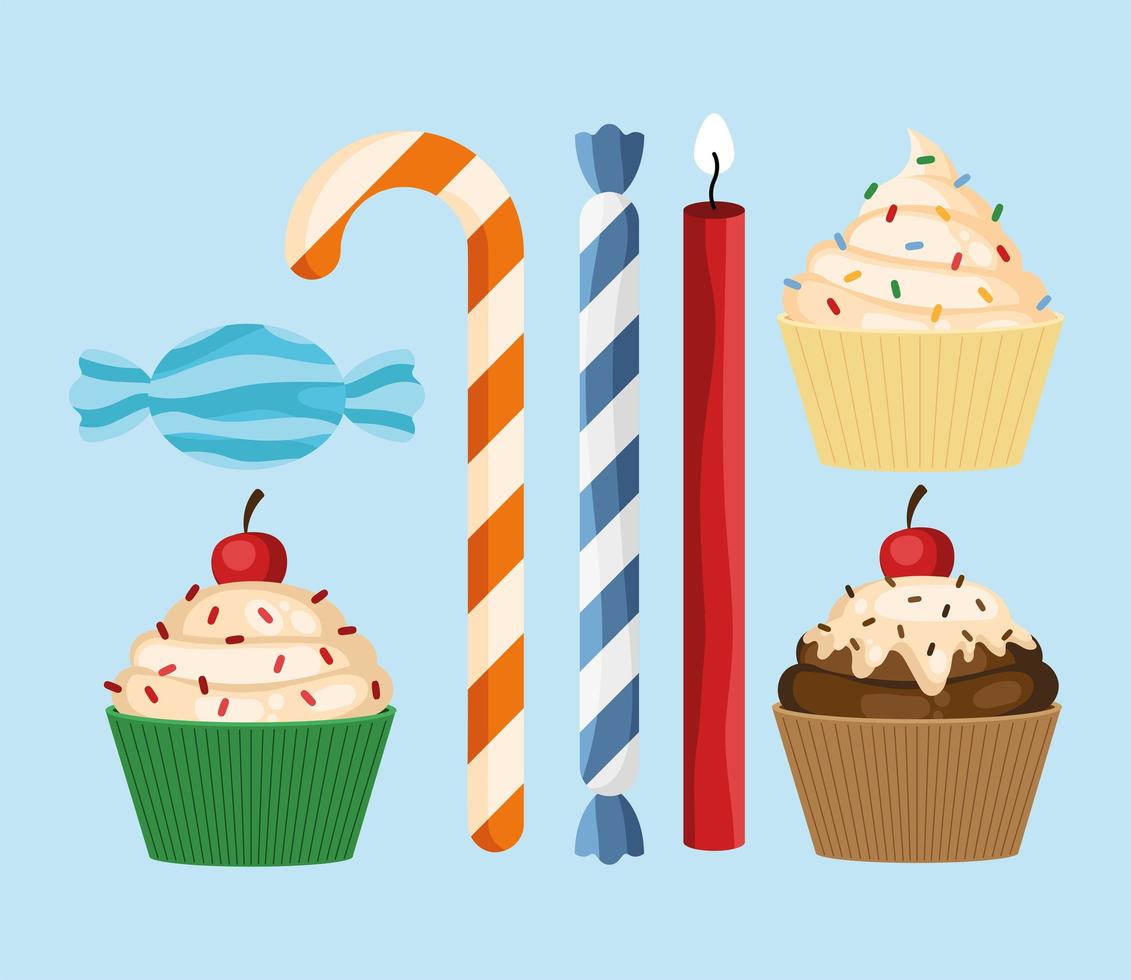 sette icone di pasticceria cupcake vettore
