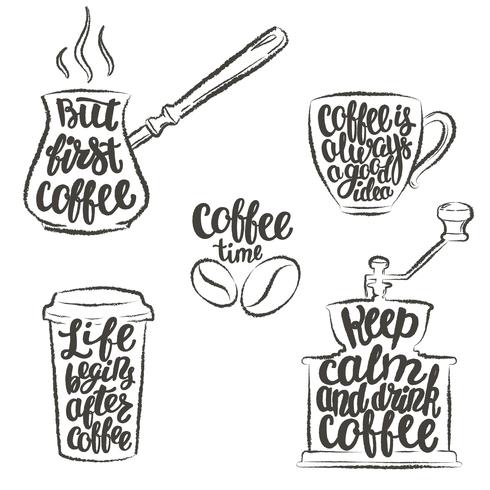Caffè lettering in tazza, smerigliatrice, contorni grunge pot. Citazioni di calligrafia moderna sul caffè. Oggetti vintage di caffè con frasi scritte a mano. vettore