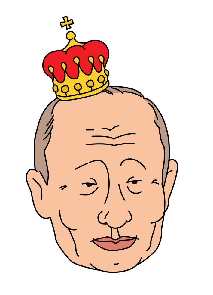 caricatura del presidente della federazione russa. vladimir putin nella corona imperiale. illustrazione di un dittatore. stile cartone animato. vettore. vettore