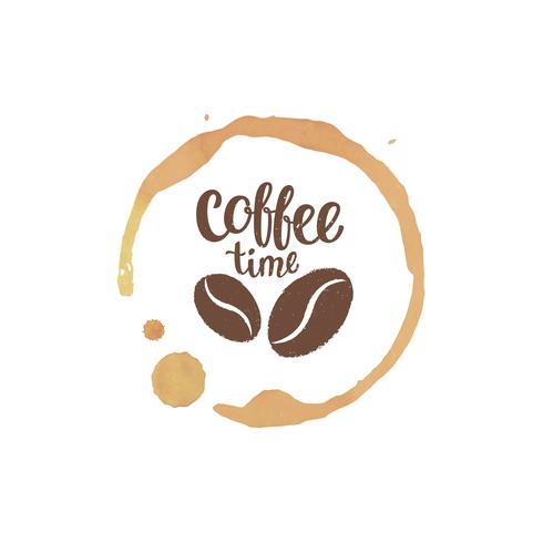 Macchia e gocce della tazza di caffè con le siluette dell&#39;iscrizione e dei fagioli di tempo del caffè. Illustrazione vettoriale