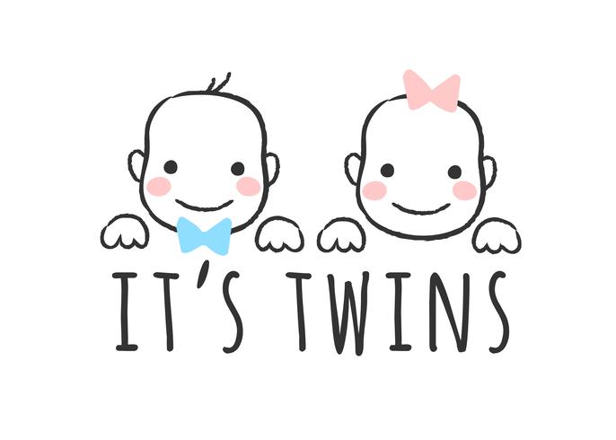 Illustrazione di vettore abbozzato con facce e iscrizioni di bambino ragazzo e ragazza - E &#39;gemelli - per carta di baby shower, stampa t-shirt o poster.