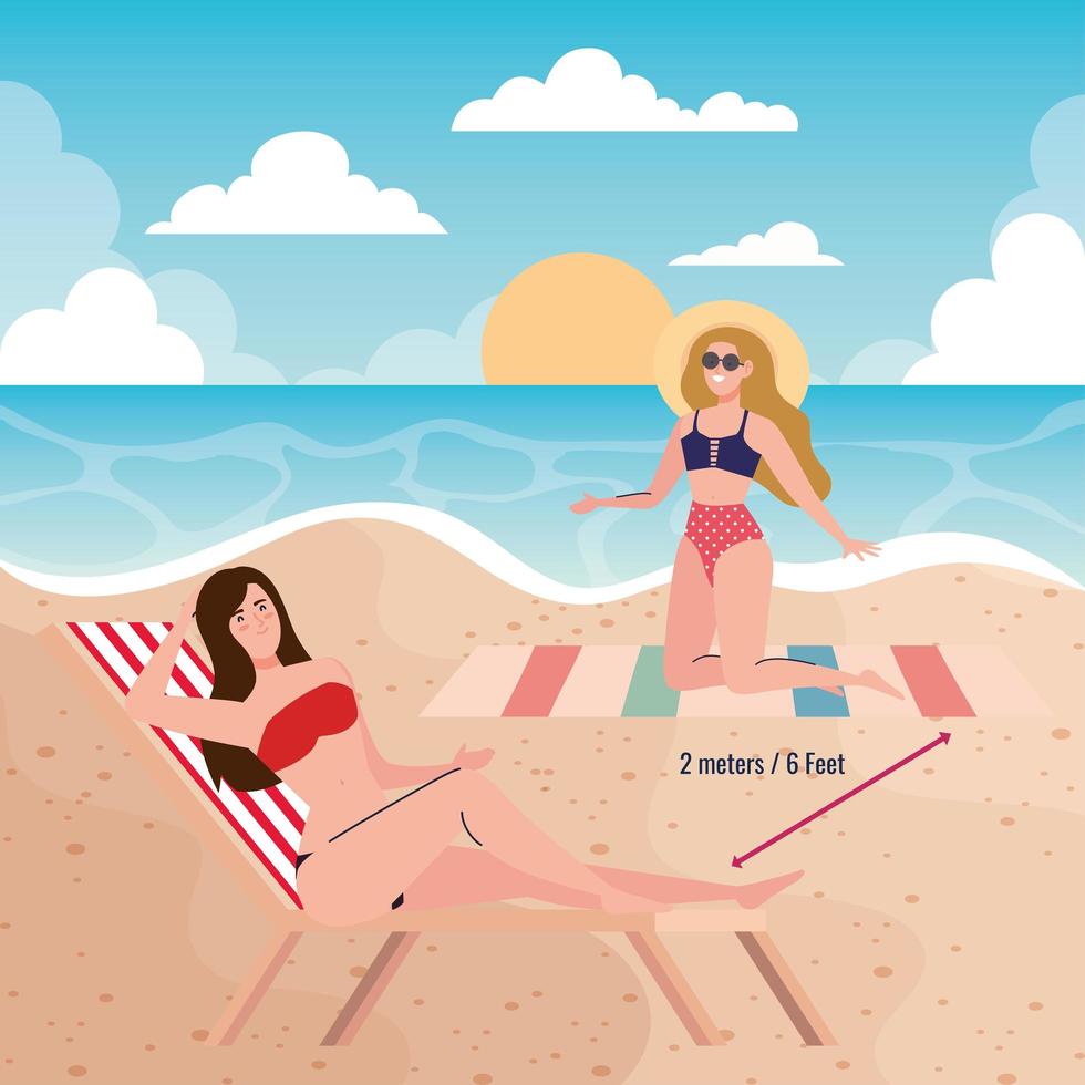 distanza sociale sulla spiaggia, le donne mantengono una distanza di due metri o sei piedi, nuovo concetto di spiaggia estiva normale dopo il coronavirus o il covid 19 vettore