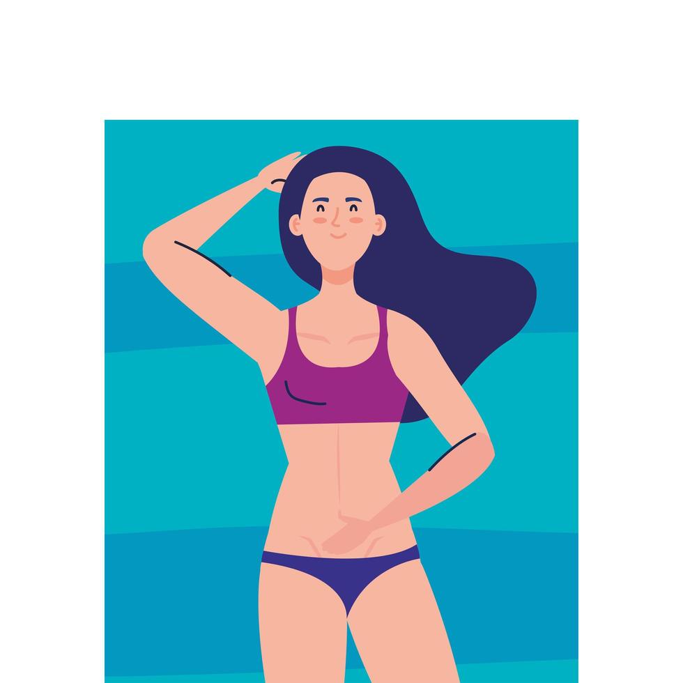 vista aerea, donna che utilizza il costume da bagno sdraiata, abbronzatura su un asciugamano, stagione delle vacanze estive vettore