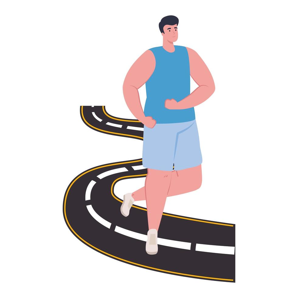 uomo che corre sull'autostrada, uomo in abiti sportivi da jogging, atleta maschio su sfondo bianco vettore