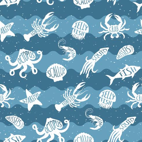 Vector pattern ripetuto con prodotti ittici. Seafood backgruond senza cuciture con animali sott&#39;acqua. Design di piastrelle per ristorante, industria ittica o market shop, stampe tessili