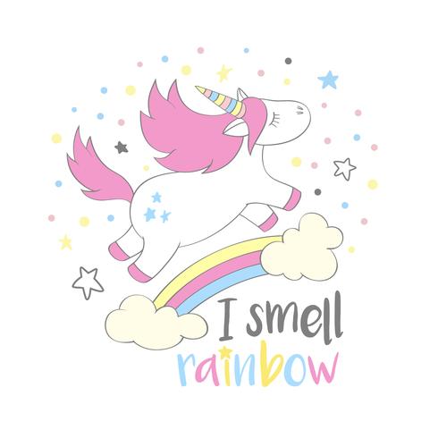 Magico unicorno carino in stile cartone animato con scritte a mano sento odore arcobaleno. Doodle unicorno volare sopra un arcobaleno e nuvole illustrazione vettoriale per carte, poster, stampe t-shirt per bambini, design tessile.