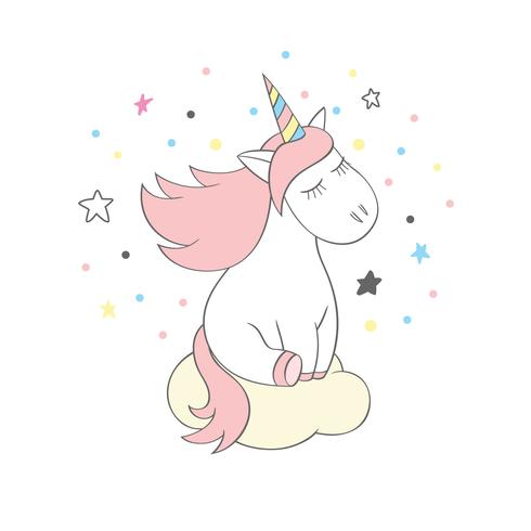 Magico unicorno carino in stile cartoon. Doodle unicorno per carte, poster, stampe per t-shirt, design tessile vettore