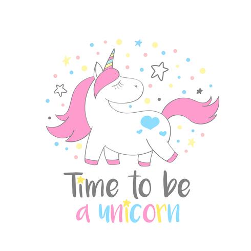 Magico unicorno carino in stile cartone animato con scritte a mano Tempo di essere un unicorno. Doodle illustrazione vettoriale unicorno per carte, poster, stampe t-shirt per bambini, design tessile.