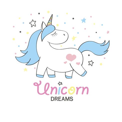 Magico unicorno carino in stile cartoon. Doodle unicorno per carte, poster, stampe per t-shirt, design tessile vettore