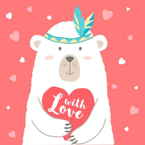 Vector l&#39;illustrazione dell&#39;orso sveglio del fumetto che tiene il cuore e la mano scritta segnando con amore per la carta dei biglietti di S. Valentino, i cartelli, le stampe della maglietta, cartoline d&#39;auguri. Saluto di San Valentino.