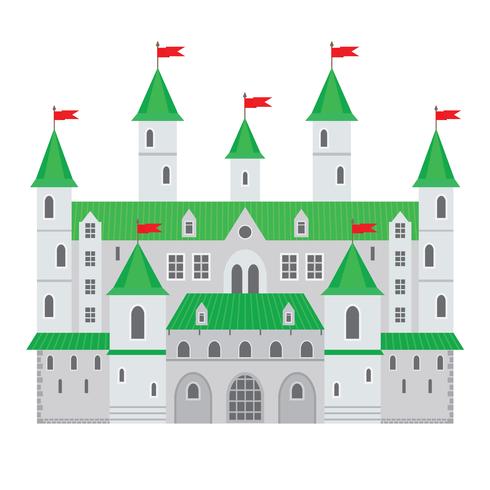 Illustrazione vettoriale di un castello in stile piano. Fortezza di pietra medievale. Il castello di fantasia astratta può essere utilizzato nei libri, sullo sfondo del gioco, sul web design, sul banner, ecc.