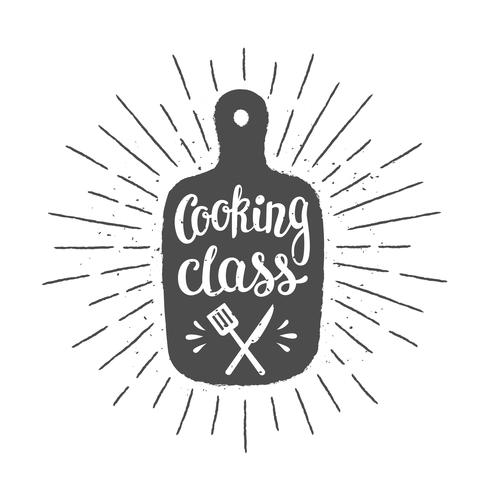 Tagliere silhoutte con lettering - Cooking class - e raggi del sole vintage. Ottimo per cucinare logotipi, bades o poster. vettore