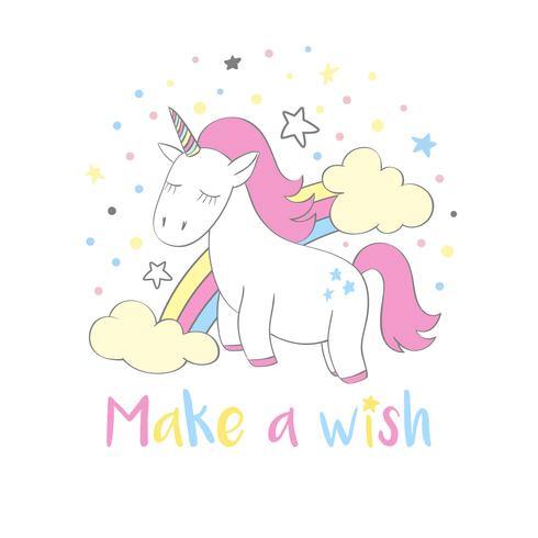 Magico unicorno carino in stile cartone animato con scritte a mano Esprimi un desiderio. Doodle unicorno con arcobaleno e nuvole illustrazione vettoriale per carte, poster, stampe t-shirt per bambini, design tessile.