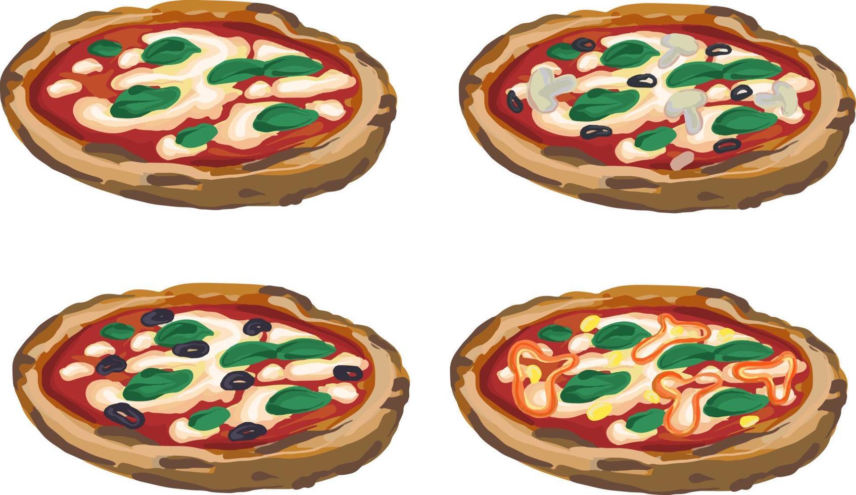 set di 4 pizze vegane vettoriali disegnate a mano isolate su sfondo bianco. pizza con pomodoro, mozzarella e foglie di basilico. pizza margherita.