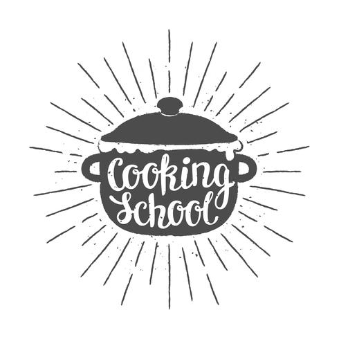 Pot silhoutte con lettering - Scuola di cucina - e raggi del sole vintage. Ottimo per cucinare logotipi, bades o poster. vettore