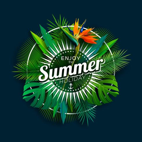 Godetevi il design di vacanze estive con fiori pappagallo e piante tropicali su sfondo blu scuro. Illustrazione vettoriale con foglie di palma esotiche e filodendro