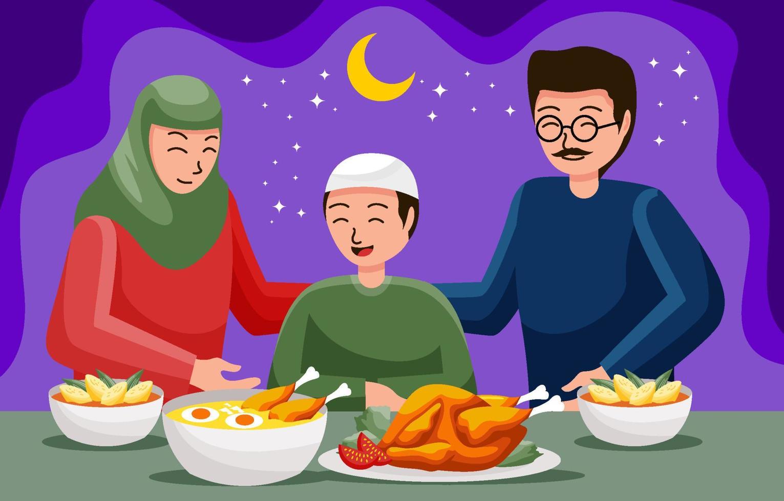 concetto di tempo di digiuno iftar della famiglia vettore