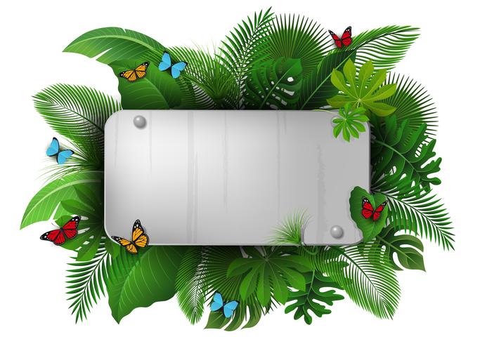 Segno di Chrome con lo spazio del testo di foglie tropicali e farfalle. Adatto a concetto di natura, vacanze e vacanze estive. vettore