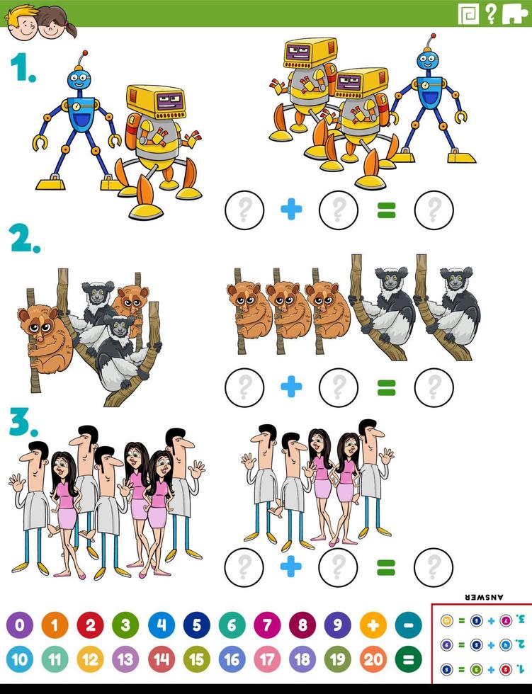 compito educativo di aggiunta di matematica con personaggi dei cartoni animati vettore