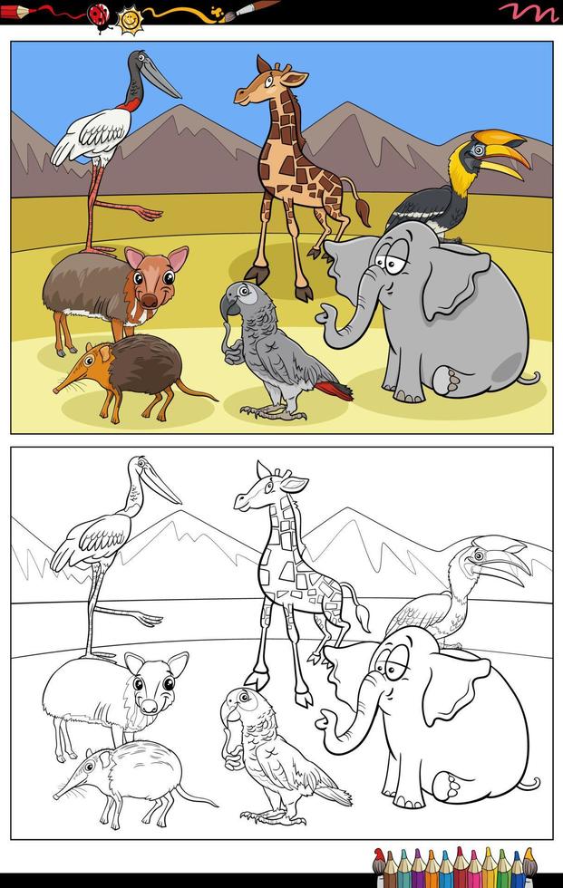 cartone animato animali selvatici personaggi comici gruppo libro da colorare pagina vettore