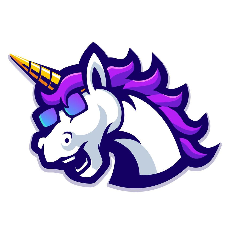 unicorno con gli occhiali concetto di logo di vettore del club atletico isolato su priorità bassa bianca. design moderno del distintivo della mascotte della squadra sportiva