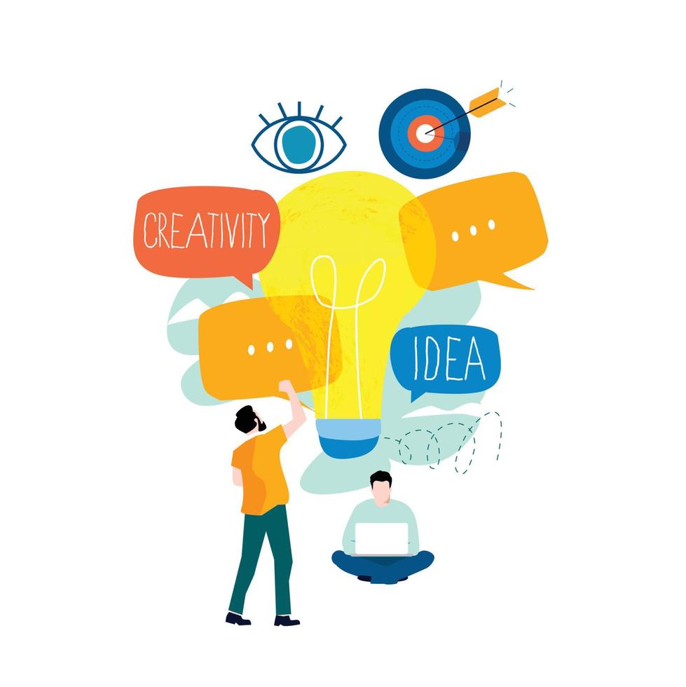 idea, brainstorming, creatività, soluzioni creative, istruzione, apprendimento e pensiero, sviluppo di contenuti, progetti e ricerca design piatto per l'illustrazione vettoriale di grafica mobile e web