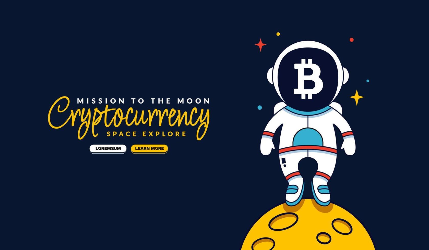 astronauta bitcoin in piedi sullo sfondo del fumetto lunare, missione sullo sfondo lunare, mining di criptovaluta e concetto finanziario vettore
