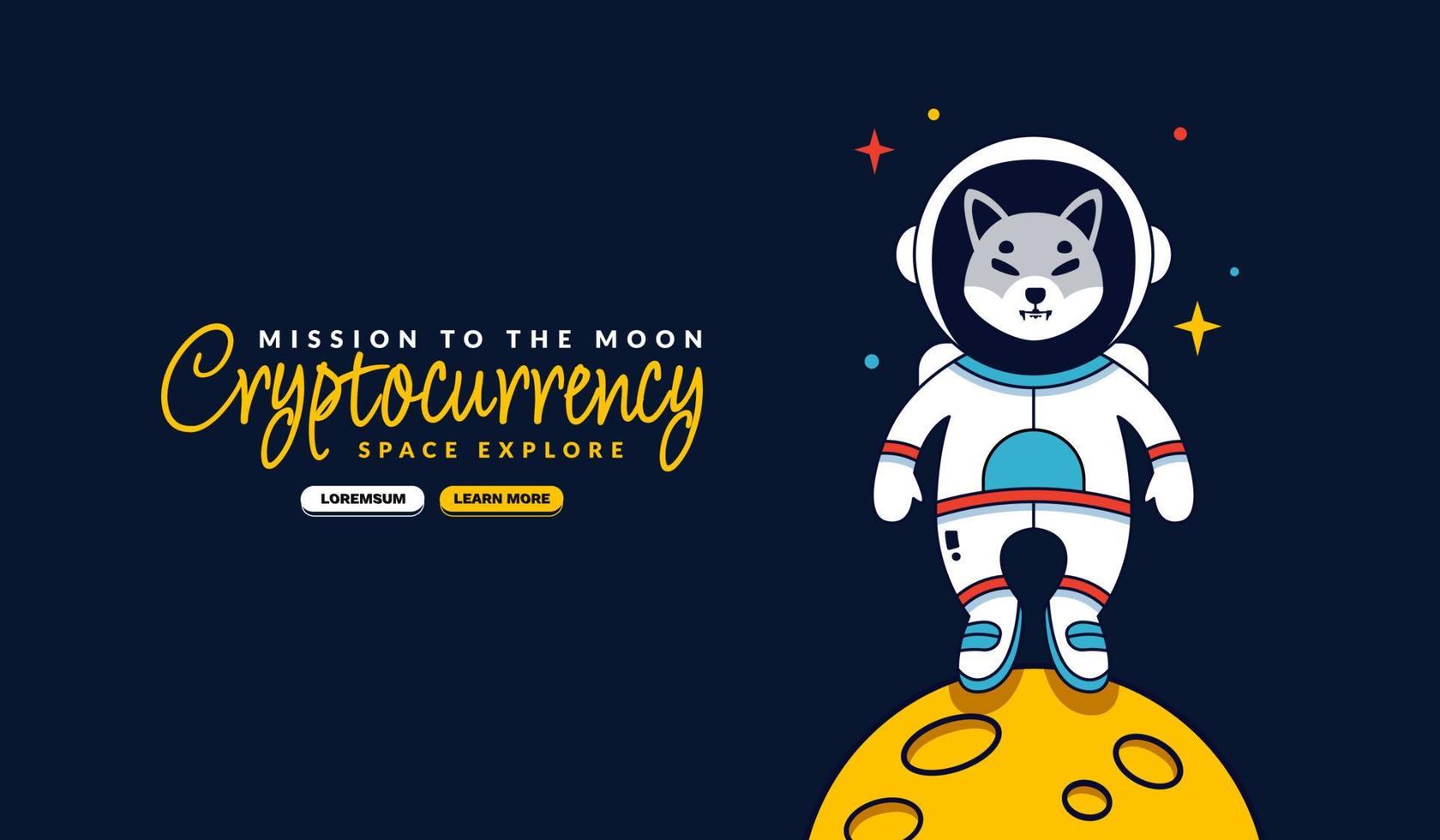 shiba inu astronauta in piedi sullo sfondo del fumetto lunare, missione sullo sfondo lunare, estrazione di criptovaluta e concetto finanziario vettore