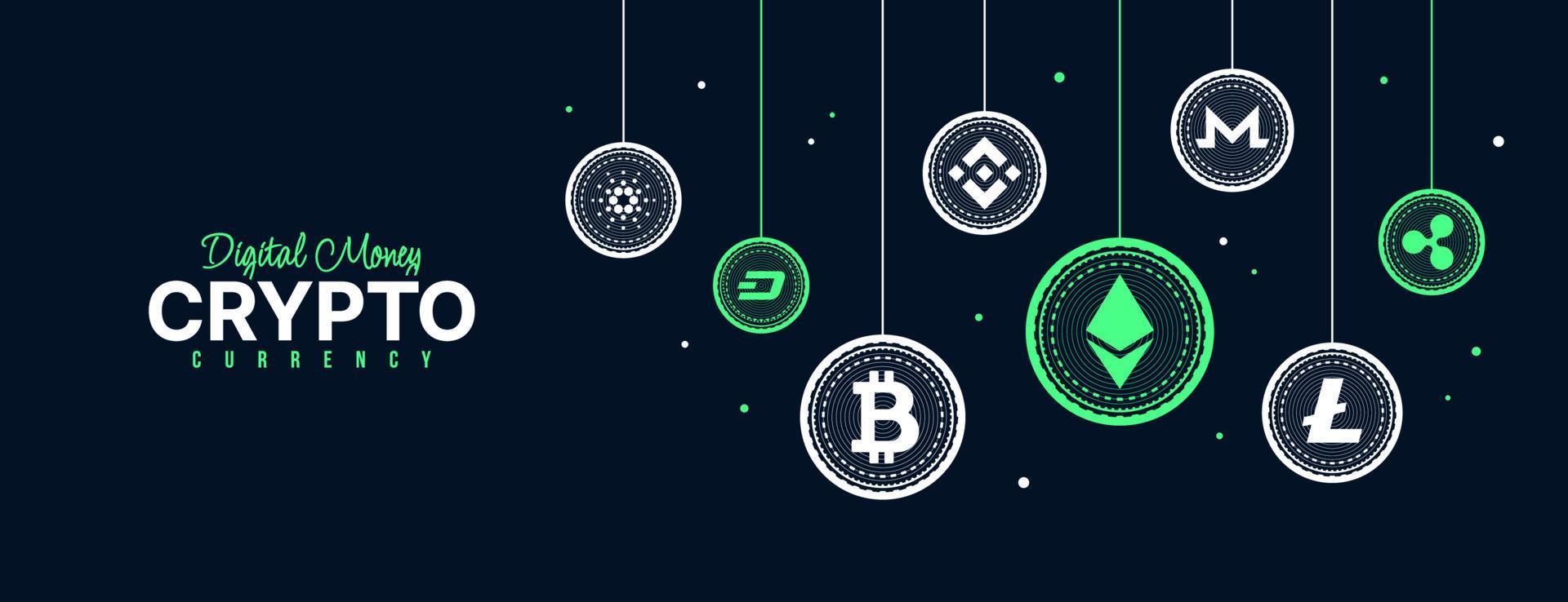 sfondo di icone di criptovaluta, scambio di denaro digitale di banner con tecnologia blockchain, mining di criptovalute e concetto finanziario vettore