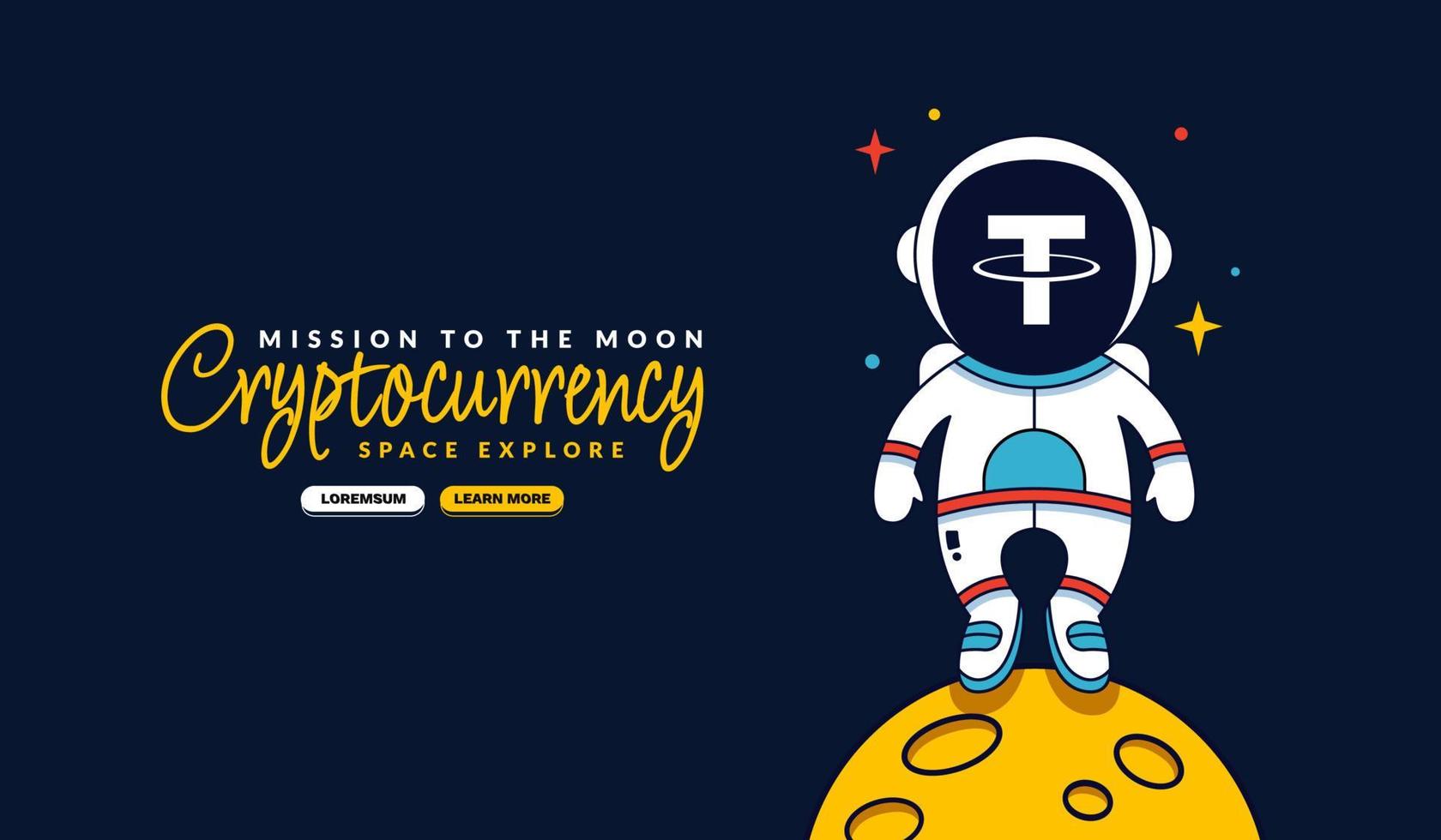 tether astronaut in piedi sullo sfondo del fumetto lunare, missione sullo sfondo lunare, estrazione di criptovaluta e concetto finanziario vettore