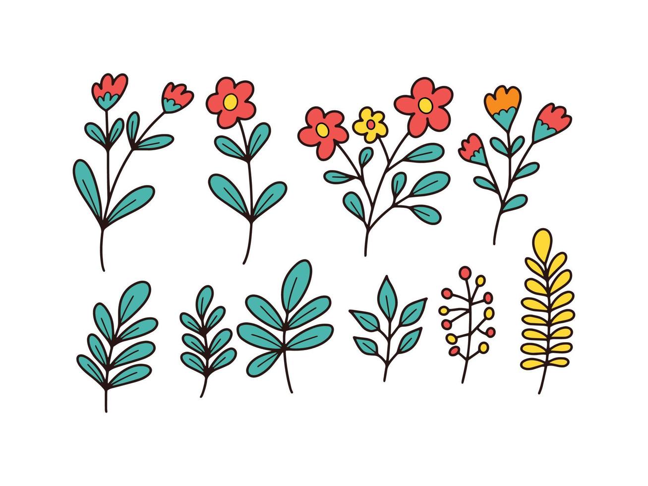 illustrazione di doodle colorato di fiori di campo e foglie vettore