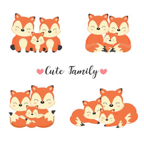 Famiglia di animali felice. Papà, mamma, baby foxes cartoon. vettore