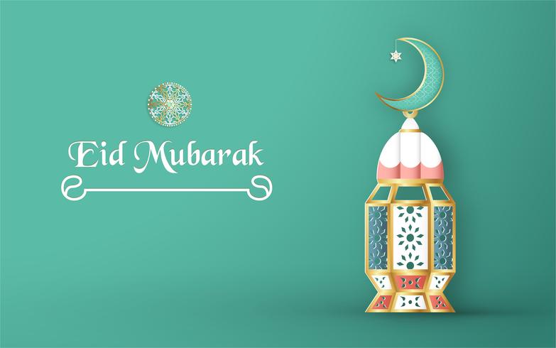 Modello per Eid Mubarak con tonalità di colore verde e oro. Illustrazione di vettore 3D nel taglio e mestiere del mestiere per la cartolina d&#39;auguri islamica, invito, copertina di libro, opuscolo, insegna di web, pubblicità.
