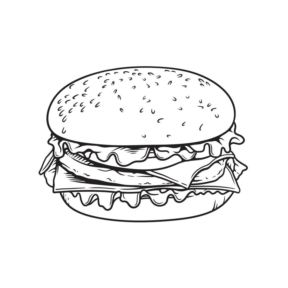 illustrazione di arte di linea di vettore di hamburger su priorità bassa bianca