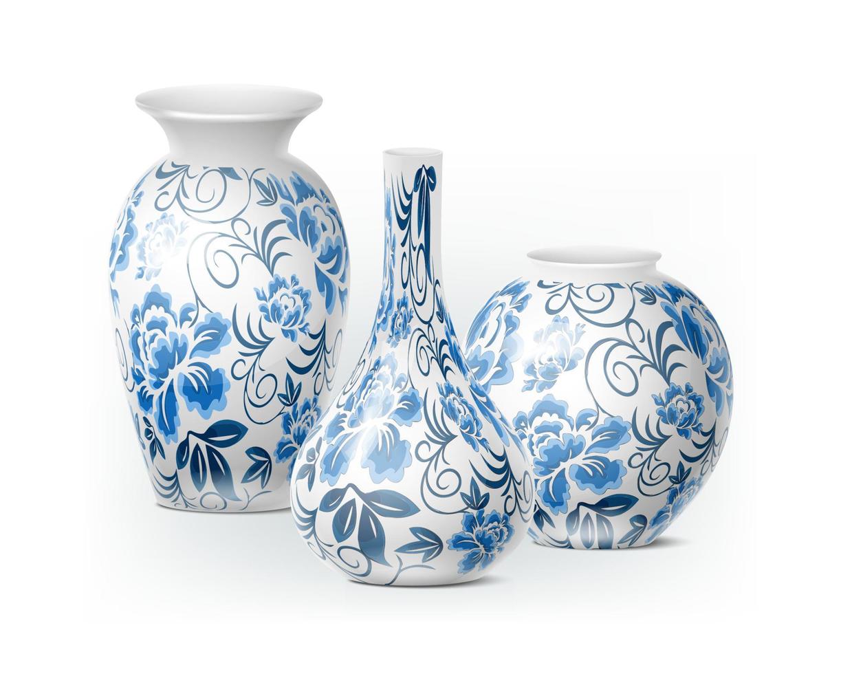 set di icone realistiche 3d. isolato. vasi di porcellana bianca cinese. vettore