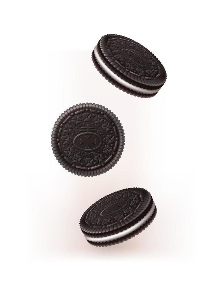 Icona vettore realistico 3d. biscotti al cioccolato che cadono. isolato su sfondo bianco.
