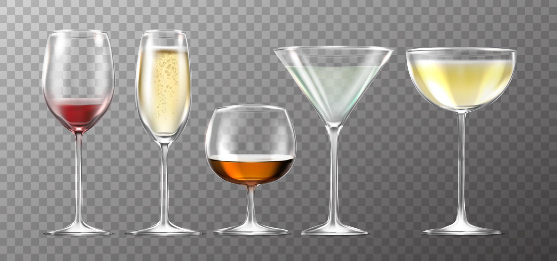 Icona vettore realistico 3d. grande collezione di bicchieri pieni, vino, champagne, martini, margarita.