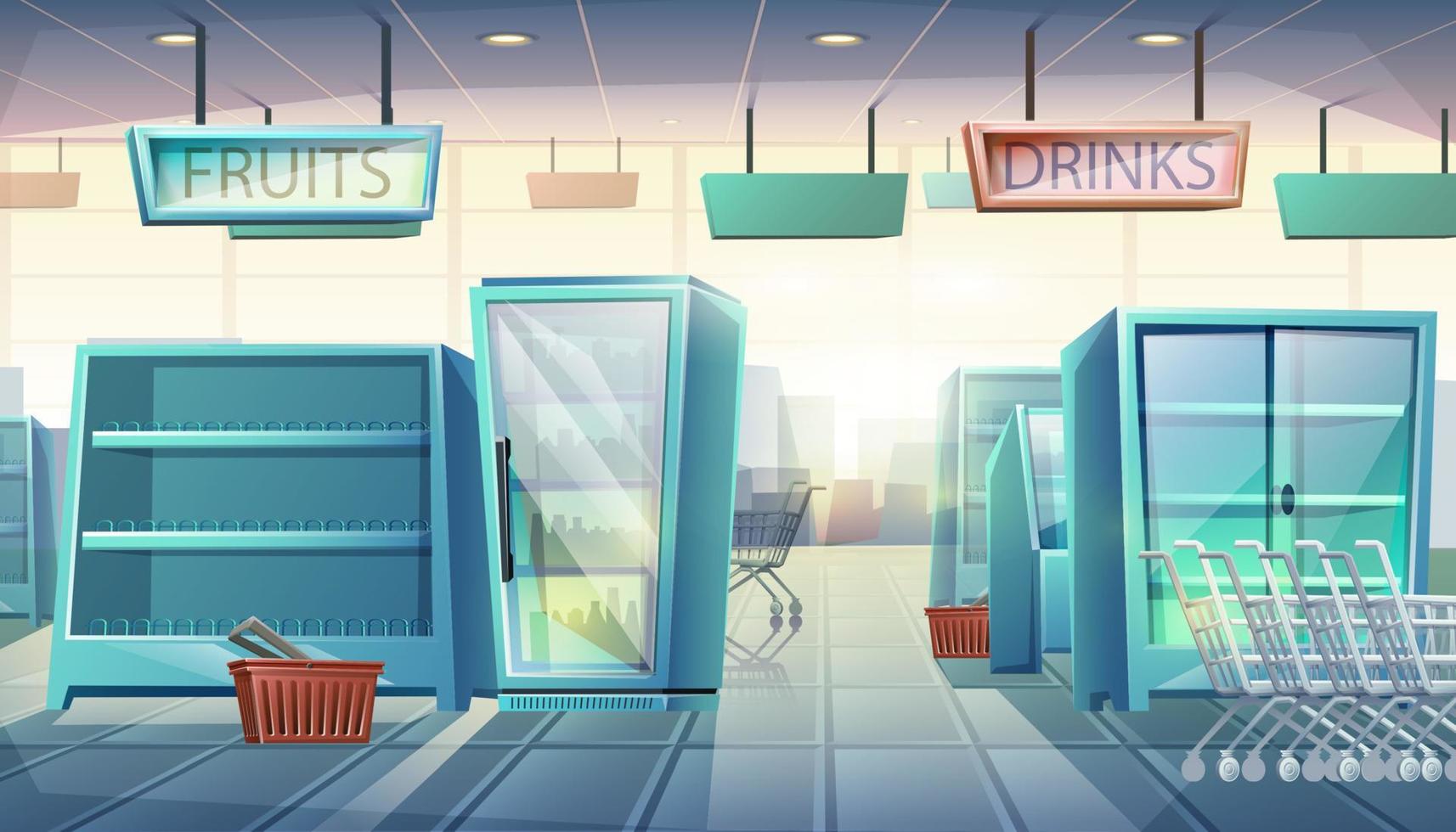 supermercato piatto in stile cartone animato vettoriale con distributori automatici, scaffali con cibo e bevande, carrello e cestino.
