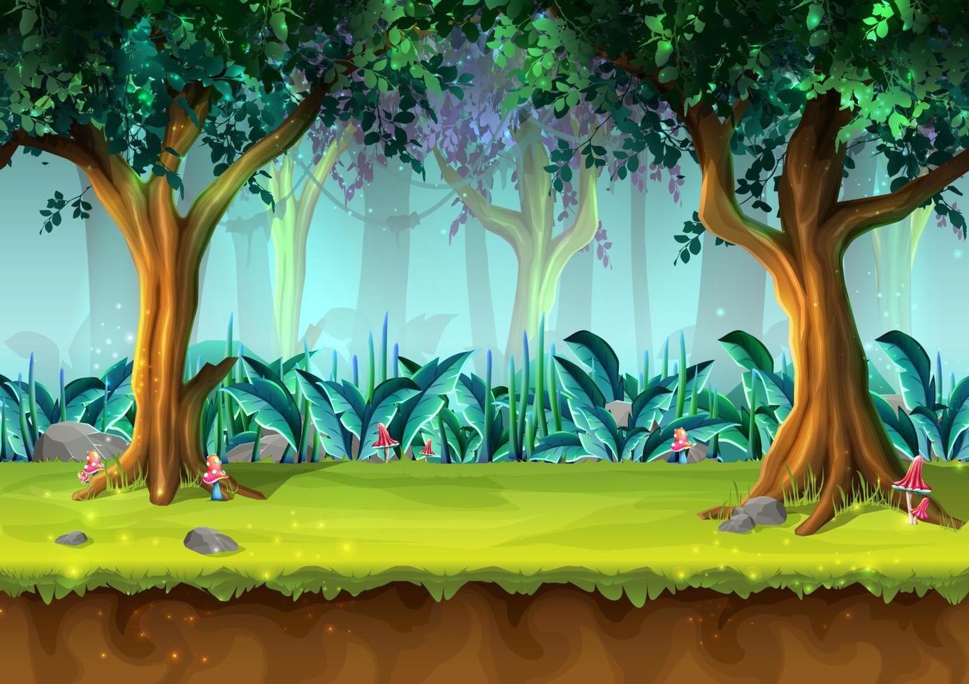 foresta pluviale misteriosa in stile cartone animato vettoriale con alberi e funghi, illustrazione per la progettazione di giochi, app, siti Web.