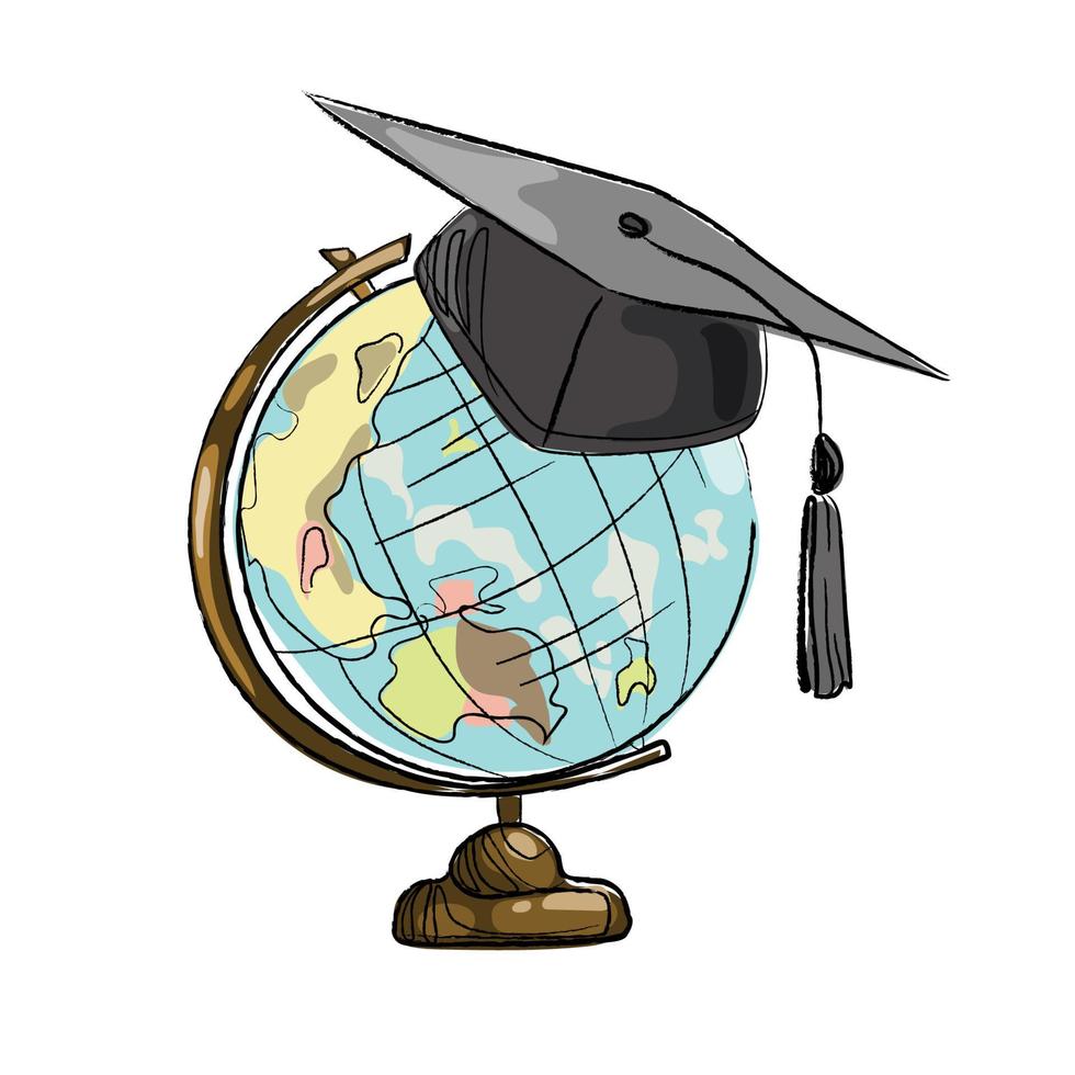 tappo di graduazione sull'illustrazione vettoriale del globo, disegno a mano nello stile di schizzo del fumetto isolato su priorità bassa bianca globo con cappello accademico quadrato concetto di istruzione laurea