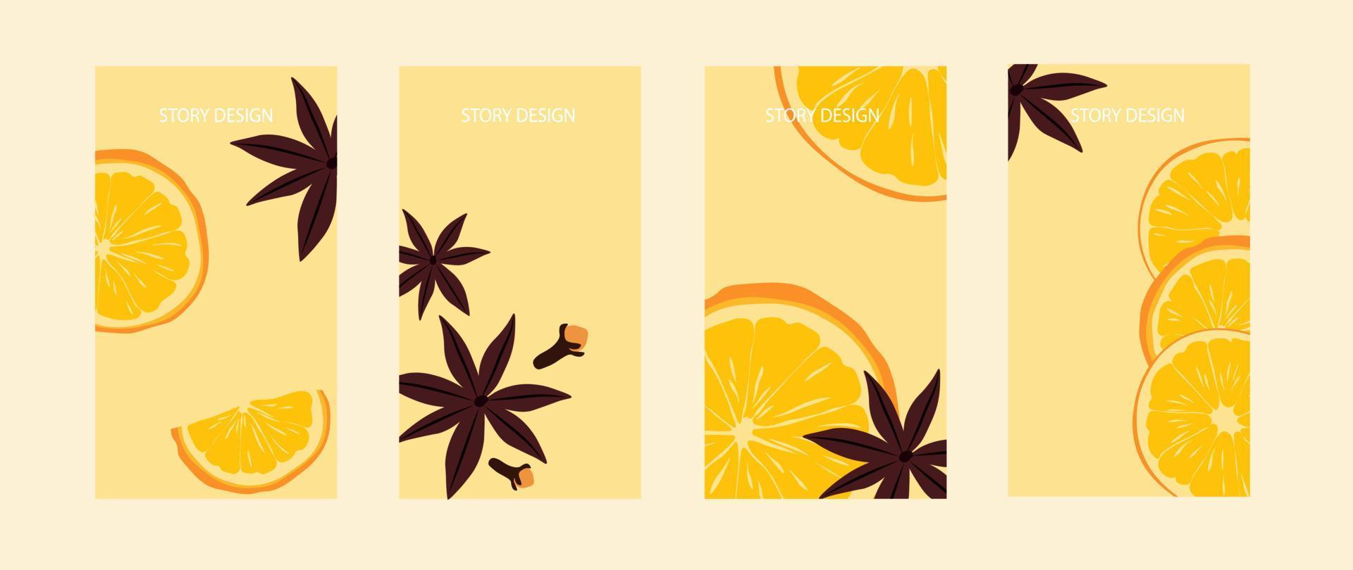 modello di storia del vin brulé per i social media, sfondo arancione con frutta, illustrazione vettoriale. una fetta di arancia, cannella e chiodi di garofano. vettore