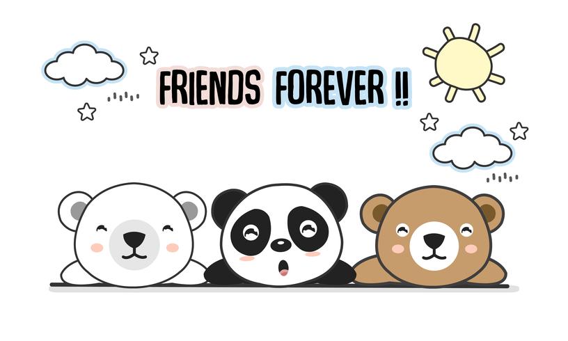 Amici per sempre auguri con piccoli animali. Illustrazione sveglia di vettore del fumetto degli orsi.