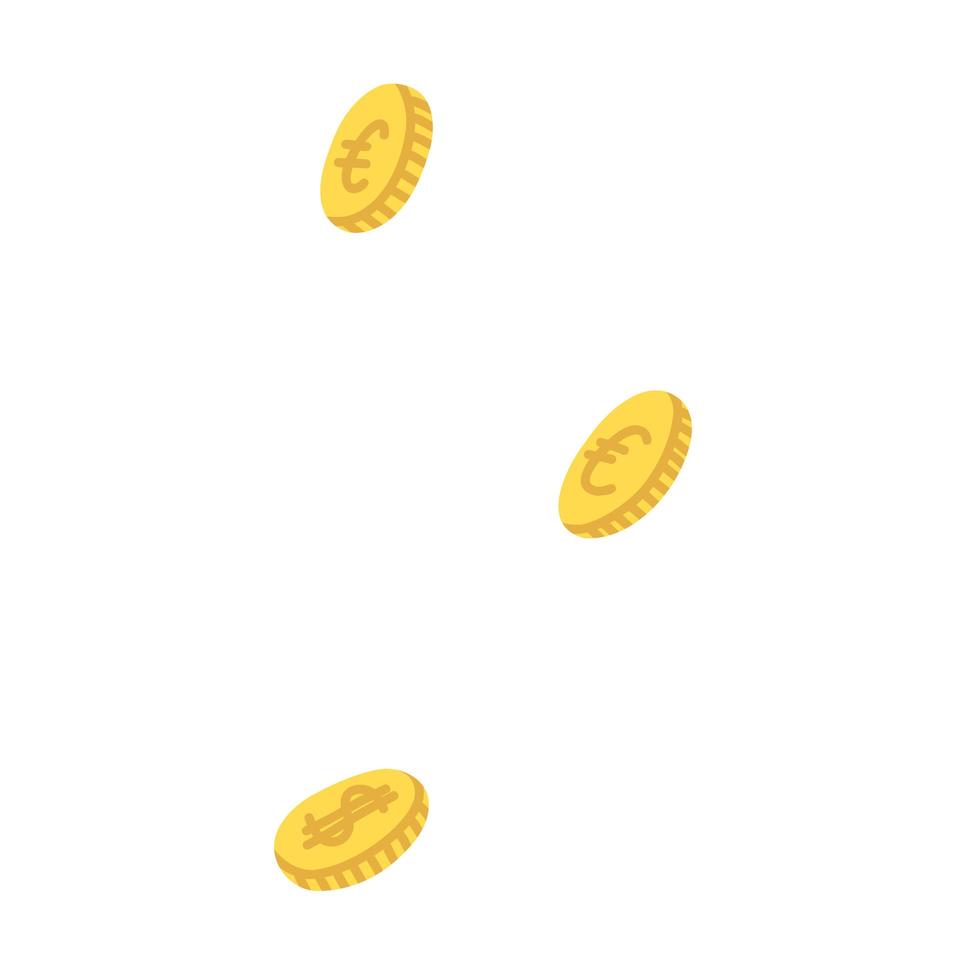 illustrazione vettoriale di monete che cadono, soldi che cadono, monete d'oro volanti in stile piatto disegnato a mano del fumetto isolato su priorità bassa bianca