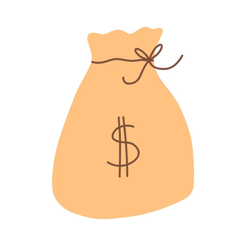 illustrazione vettoriale della borsa dei soldi in stile piatto disegnato a mano del fumetto isolato su priorità bassa bianca
