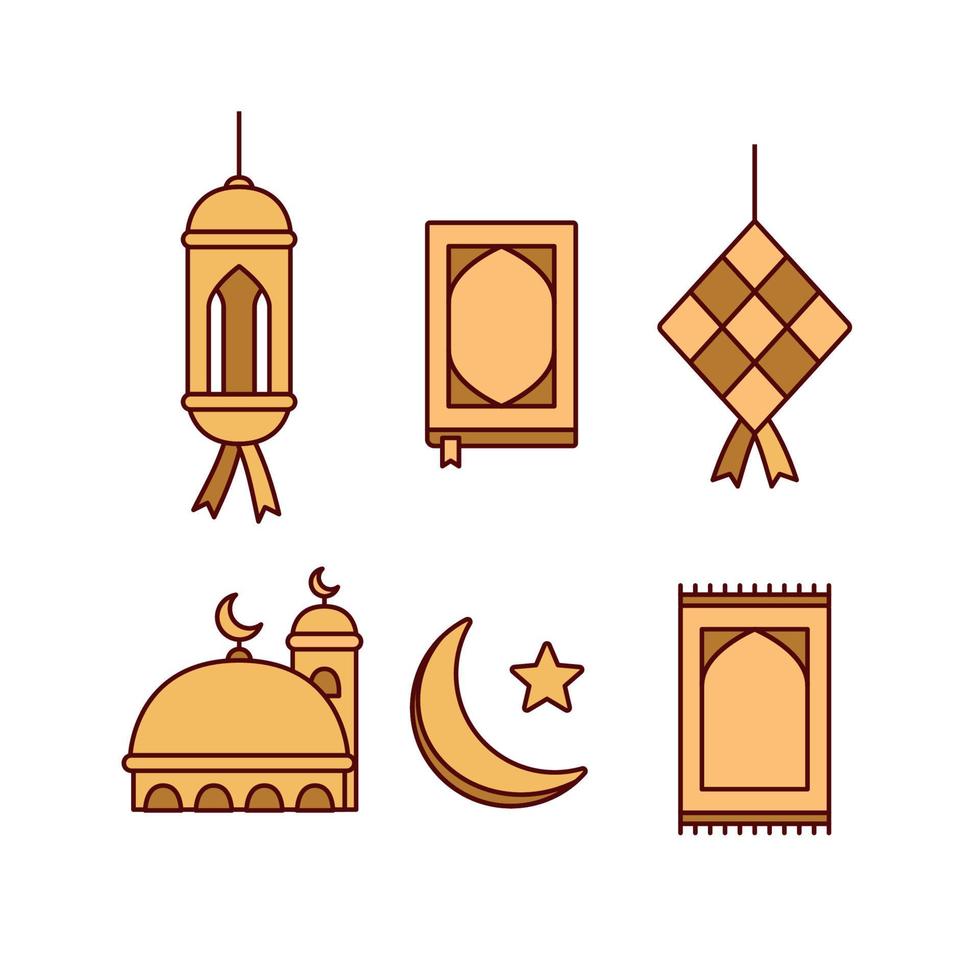 set di icone ramadhan color oro con lampada lanterna, libro al qur'an, ketupat, moschea, tappetino da preghiera e luna crescente vettore