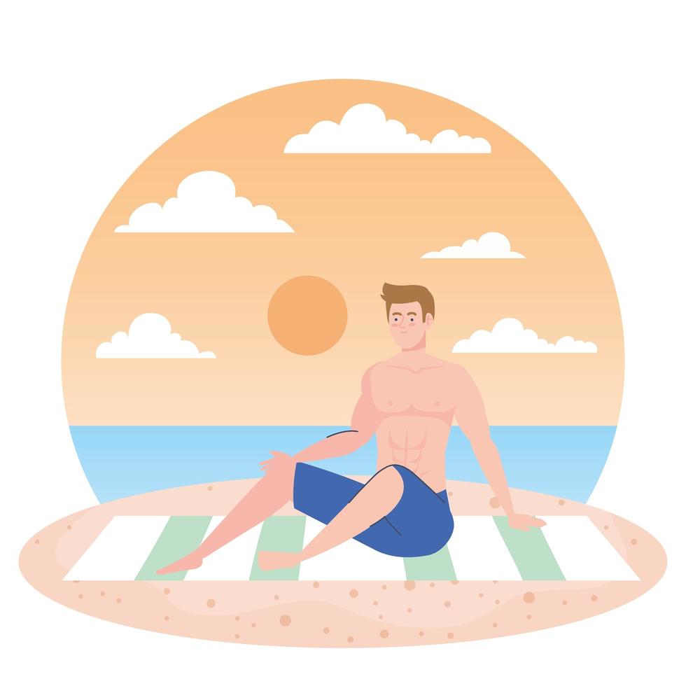 uomo in pantaloncini seduto sulla spiaggia, stagione delle vacanze estive vettore