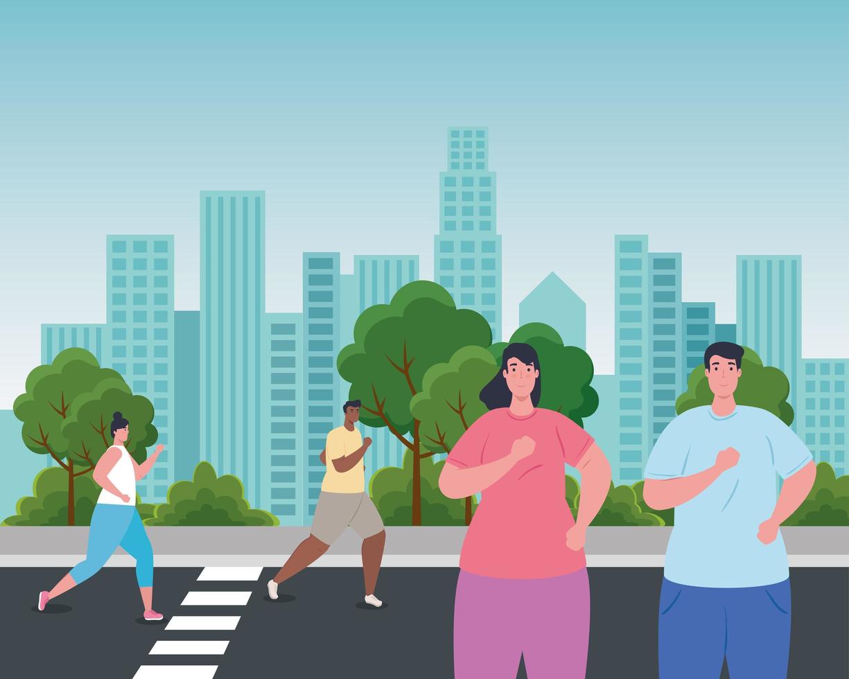 persone che corrono in città, persone in abbigliamento sportivo che fanno jogging, persone sportive per strada vettore