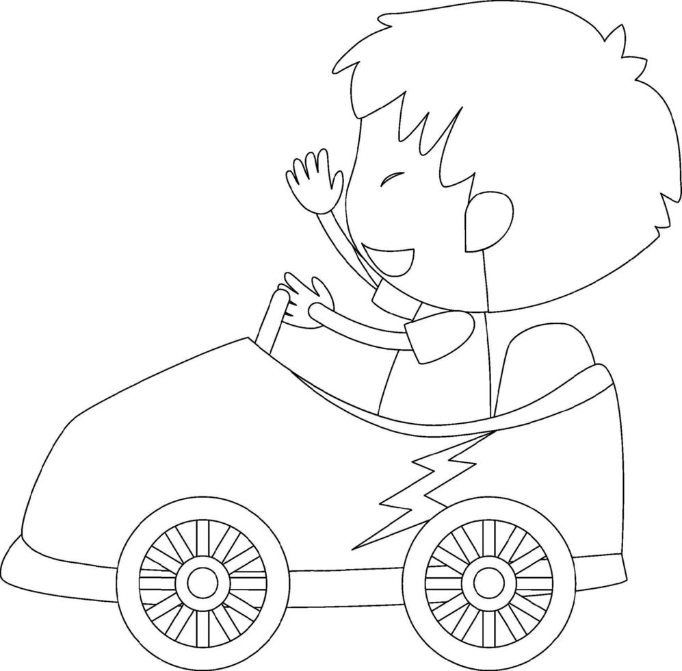 un ragazzo in un personaggio di doodle di auto da corsa in bianco e nero vettore