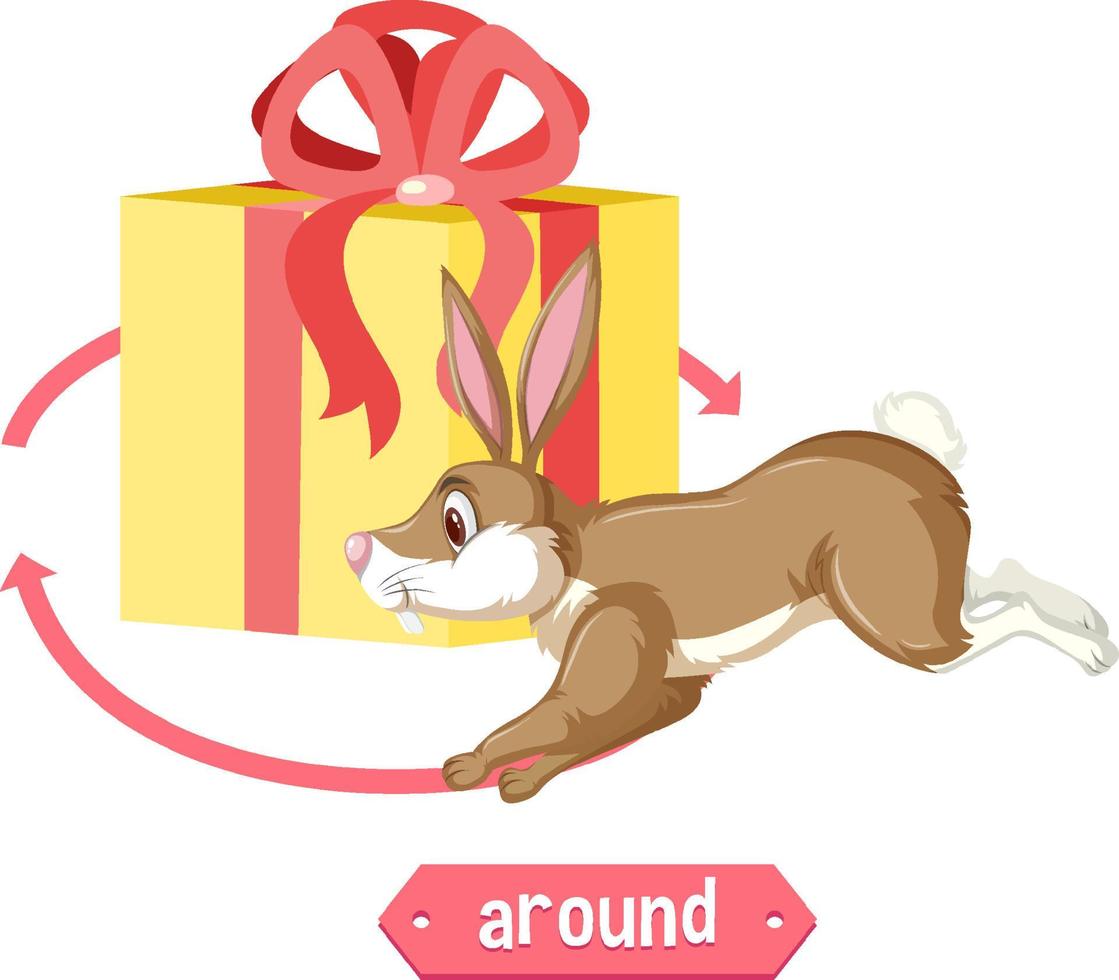 preposizione wordcard con coniglio che corre intorno alla scatola vettore