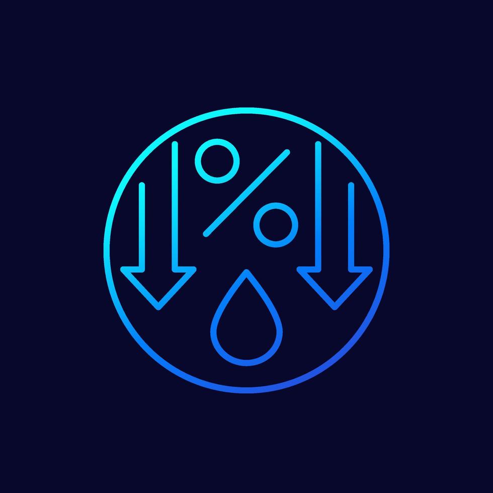 icona della linea di diminuzione dell'umidità, goccia d'acqua e vettore percentuale